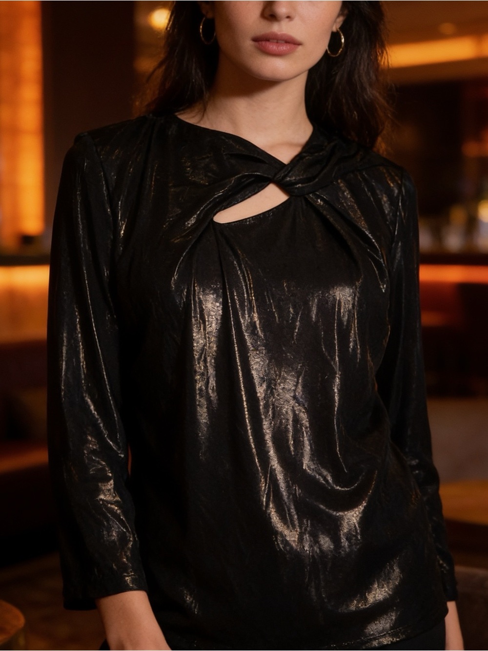 Nine West Black Metallic Twist Keyhole Neck Top Size L NWT